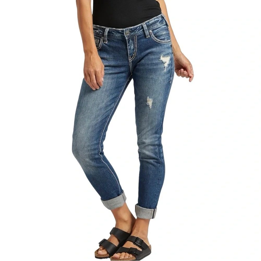 🌻NEW Silver Jeans || Women's Girlfriend Mid Rise Skinny Jeans Size 28